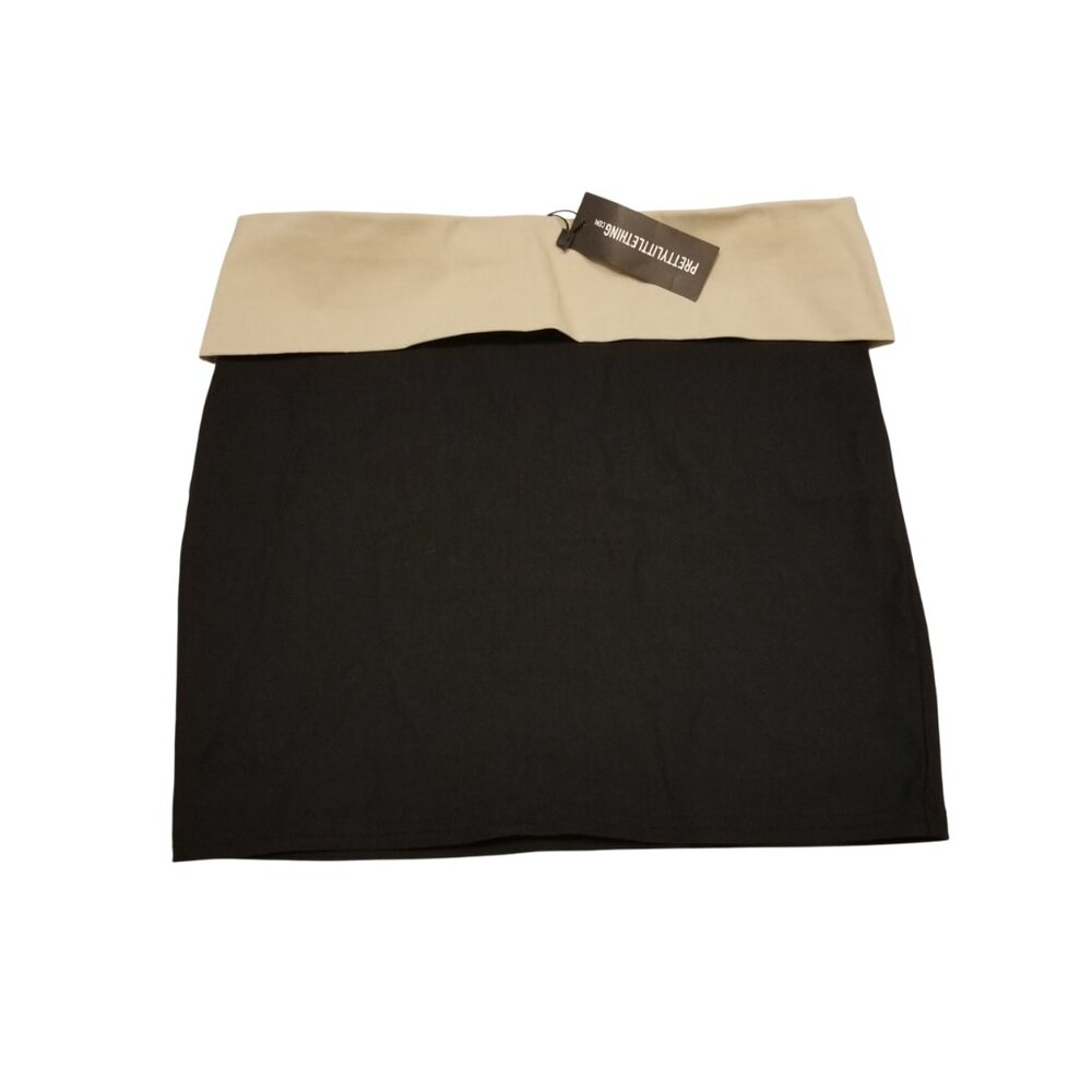 NWT PrettyLittleThing Black Stretch Woven Fold Over Detail Micro Mini Skirt Smal